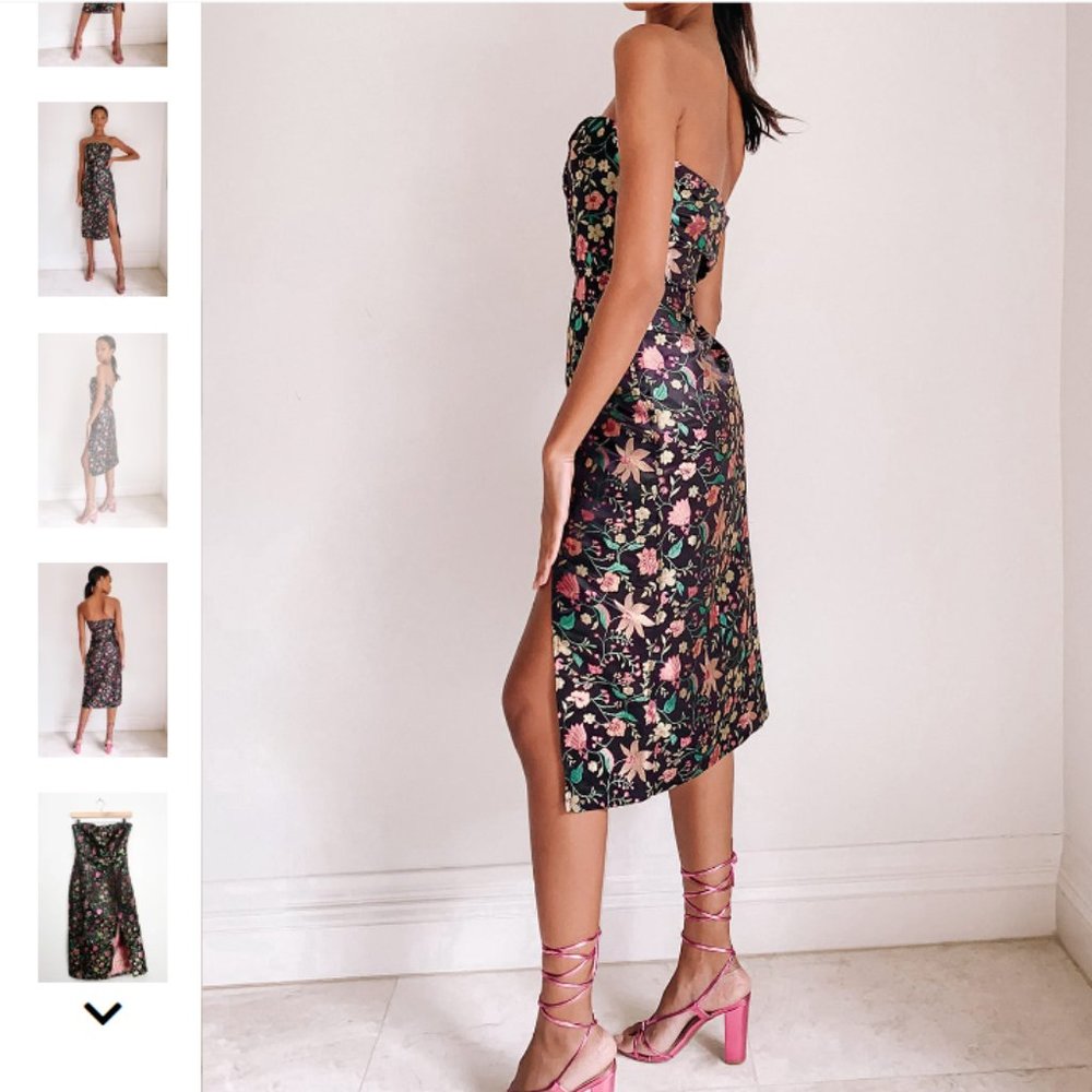 Lulu's Black Floral Midi Strapless Dress